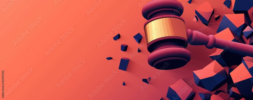 Poster a colorful gavel shatters surrounding cubes against a vibrant orange background, symbolizing justice