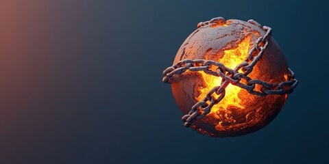 A fiery sphere bound by chains, set against a dark backdrop, evoking themes of confinement and intensity.