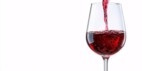 Red wine pouring into a crystal glass against a white background.
