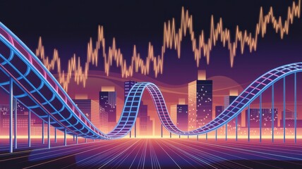 Obraz premium Economic risk assessment methods​ concepts. Futuristic roller coaster with city skyline and fluctuating graph lines in vibrant colors.