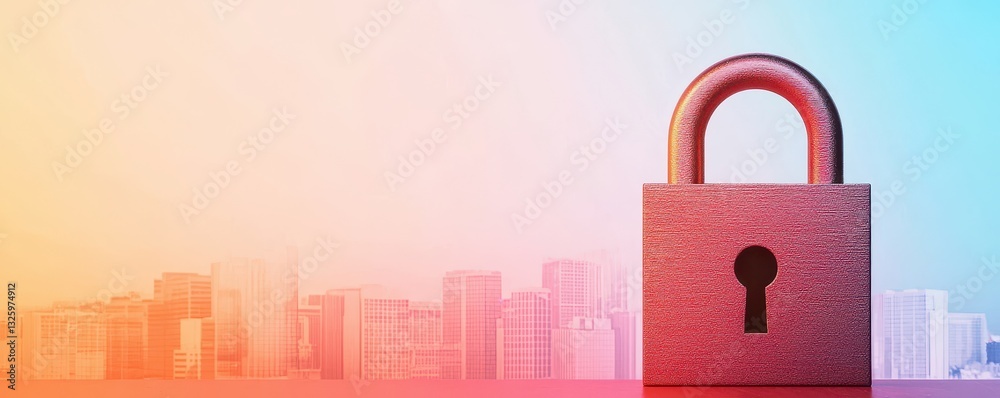 Poster a large padlock stands against a colorful skyline, symbolizing security and protection in a modern u