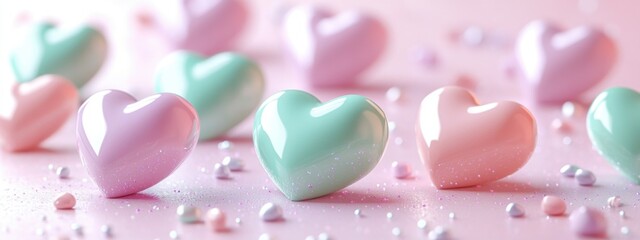 Obraz premium Colorful and Charming Heart-Shaped Candies and Sweets on a Pastel Pink Surface for Celebrating Love