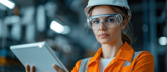 Professional woman in safety gear using a tablet in an industrial setting.