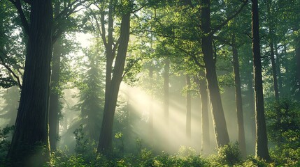 Obraz premium Sunlight Streaming Through Trees in Forest with Mist and Green Foliage