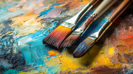 Obraz premium Paint brushes resting on a colorful palette with vibrant strokes and textures in an artistic setting