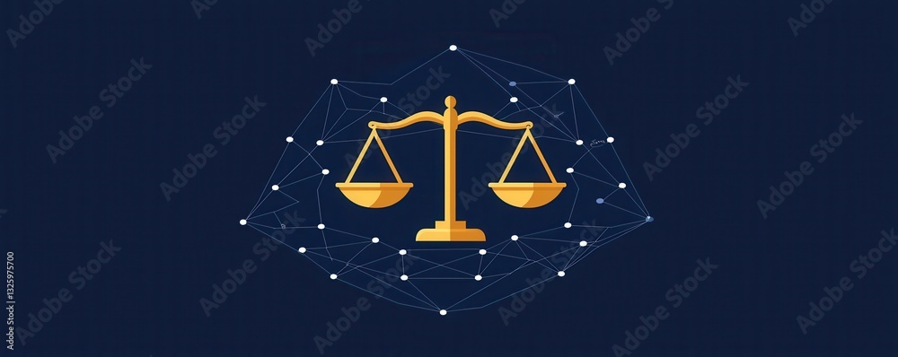 Poster a golden balance scale symbolizing justice against a dark blue background with abstract network conn