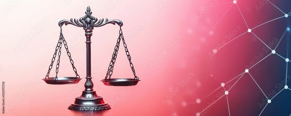 Poster a symbolic depiction of justice featuring a traditional scale against a gradient background, represe