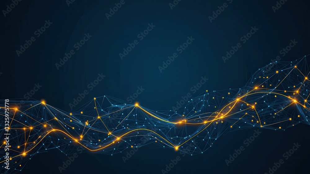 Poster abstract digital wave with glowing lines and nodes, set against a dark blue background, representing
