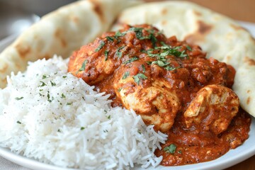 A close-up of delicious butter chicken with rice and naan bread, capturing the rich colors and textures of Indian cuisine served on white plate.