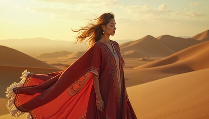  Woman in a flowing red dress walking through desert dunes.
