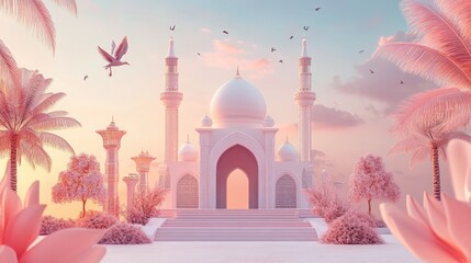 Serene Pink Mosque at Sunrise: A Dreamlike Oasis
