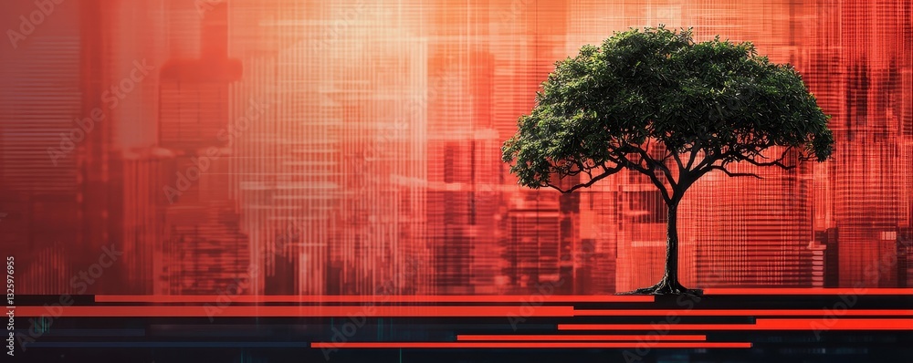 Poster a solitary tree stands against a vibrant, abstract backdrop of red and geometric patterns, symbolizi