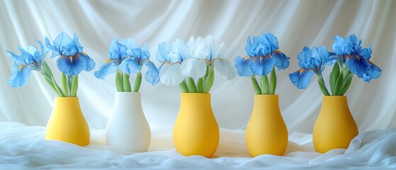 blue irises in a yellow vase on a white background. International Flower Appreciation
