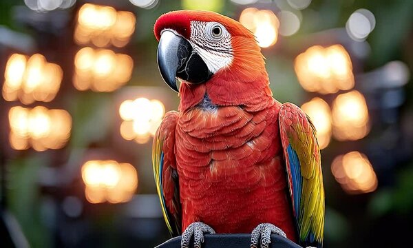 Scarlet Parrot Looking Away Close Up with Bokeh Background Light