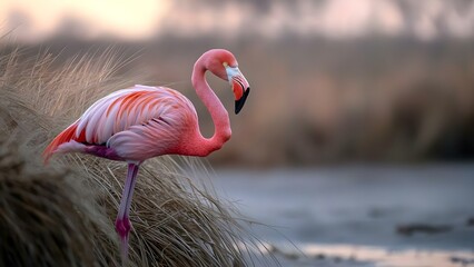Fototapeta premium A pink flamingo stands near tall grass by the water, showcasing its elegant posture and vibrant feathers in a soft, serene setting. Concept Flamingo Elegance, Serene Nature Scene, Vibrant Birdlife