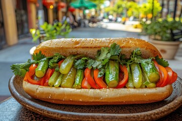 A flavorful Vietnamese Banh Mi sandwich, showcasing fresh cucumbers, red bell peppers, and cilantro, presented on a rustic plate in a bustling city setting.