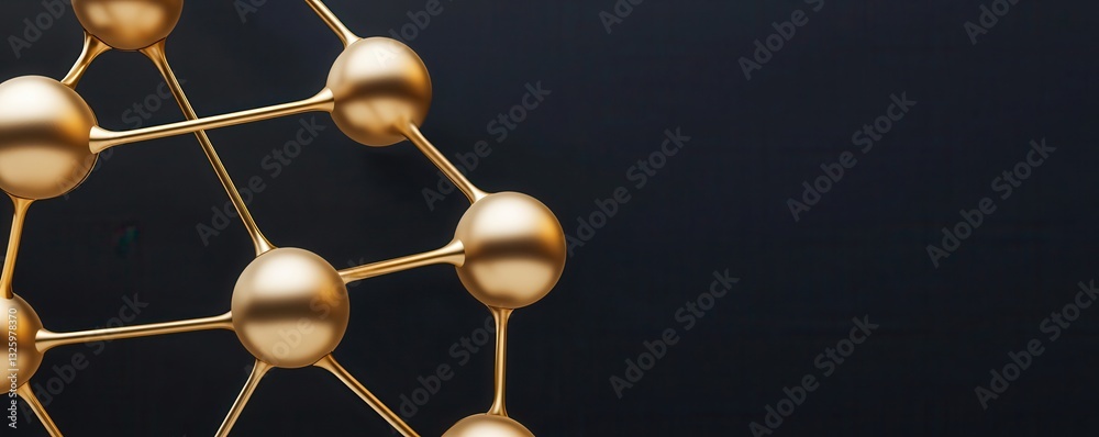Poster a close-up of a 3d molecular structure featuring golden spheres connected by lines, set against a da