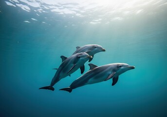 Fototapeta premium Three dolphins swimming gracefully in clear blue water