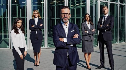 Business group teamwork organization in corporate setting. Young and experienced professionals working together. Business group teamwork organization focused on cooperation, career growth.