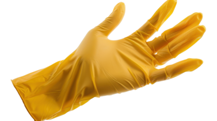Hand wearing yellow glove making a gesture on transparent background