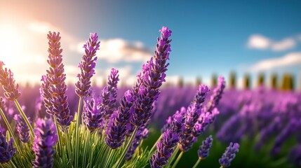 Fototapeta premium Field of purple lavender flowers with a bright blue sky in the background. The flowers are in full bloom and the sun is shining brightly, creating a warm and inviting atmosphere