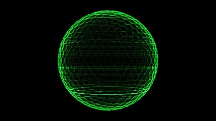 Green hologram golf ball on black background.
Bright SciFi style. 
