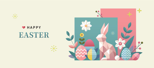Easter background in origami and geometric style. Simple and modern Easter bunny, eggs and flowers.