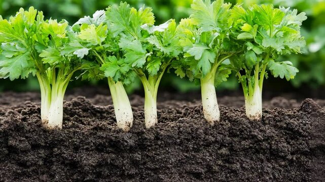 Freshly grown celery plants thrive in rich soil under natural sunlight in a vibrant agricultural field