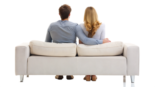 Rear view of a couple resting on couch  isolated on white background PNG. GENERATIVE AI