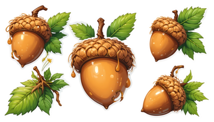Set of Acorn sticker with green leaves isolated on png