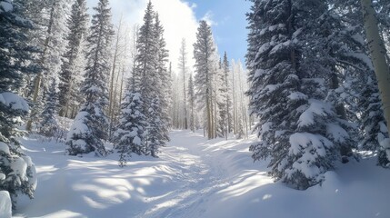 Fototapeta premium Snow-covered forest path inviting exploration in a serene winter landscape