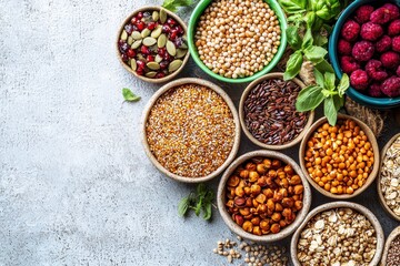 Variety of seeds and grains in bowls on a gray surface, presenting healthy food ingredients for balanced diet, offering a range of nutritional options and culinary choices.