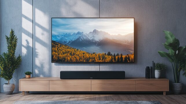 Minimalist living room with modern TV setup showcasing mountain scenery