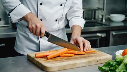 A chef is skillfully slicing fresh carrots on a wooden cutting board in a busy kitchen setting. Various ingredients are arranged nearby, highlighting a culinary workspace