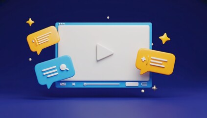 A vibrant digital media player features a prominent play button and chat bubbles in various colors, all set against a solid blue background, creating a lively and engaging visual