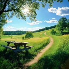 Obraz premium Serene Pasture with Rustic Picnic Table and Winding Path under a Sunny Sky ,