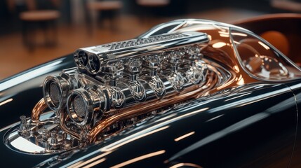 Close-up of a gleaming, custom-built V8 engine in a classic car.