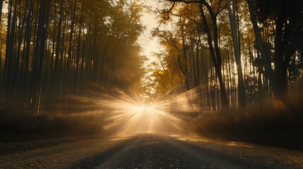 Naklejka premium Golden Sunrise Rays Bamboo Forest Path Autumn Landscape zen view calm asia fall