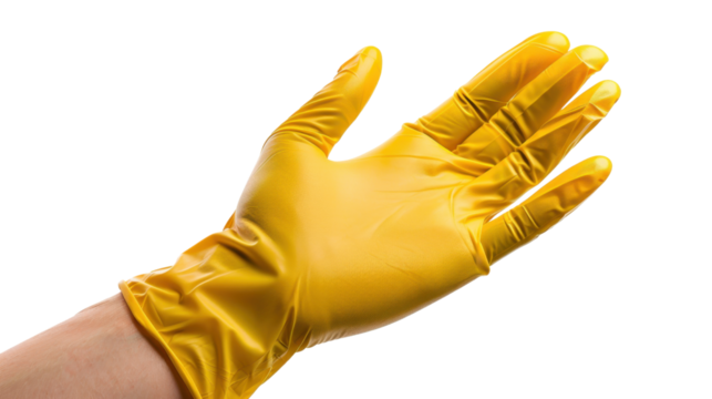 Hand wearing yellow glove showing open palm on transparent background - Powered by Adobe