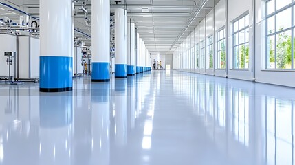 Modern Industrial Facility Interior with Polished Floor Blue and White Columns and Large Windows