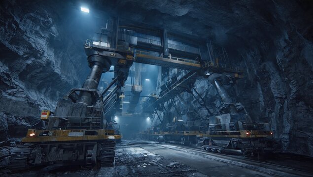 Massive mining machines dominate the underground workspace, surrounded by rocky walls. Powerful lights illuminate the area, showcasing the industrial setting of the operation