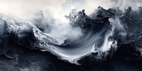 Dynamic interplay of fluid layers in stark black and white. Intricate patterns of shifting grays create an abstract dance, capturing movement and depth within each textured line