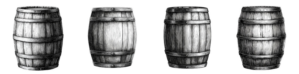 Obraz premium Vintage wooden barrels stacked in a cellar or brewery setting used for aging and maturing various alcoholic beverages such as beer wine whiskey scotch rum and bourbon The barrels have a rustic