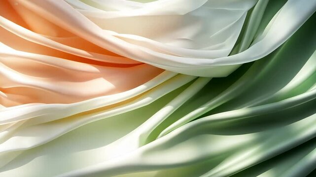Delicate fabrics dance gracefully, blending hues of orange, white, and green under soft light. The stunning visual captures the essence of unity and heritage through textiles.