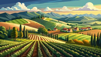 Expansive view of a vineyard with neatly arranged rows of grapevines over rolling hills under a cloudy sky.