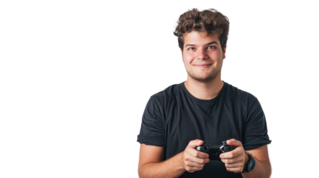 Young man holding a video game controller on transparent background