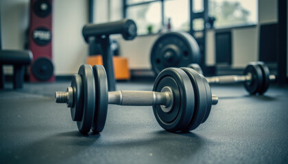 Fototapeta premium Close-up of metallic dumbbells on gym floor with natural light