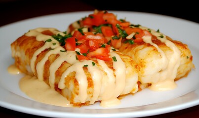 Delicious Cod Fillets Topped with Sauce and Chopped Tomatoes on a White Plate for Gourmet Dining
