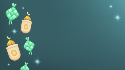 ramadhan banner. background with illustration of a golden lantern with dome and ketupat. green background. 3d style elements. design for islamic, eid al-fitr, eid al-adha, and ramadan themes
