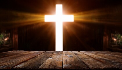 Naklejka premium Rustic wooden altar with a glowing cross in the background, creating a serene and sacred atmosphere, perfect for religious product promotions. 